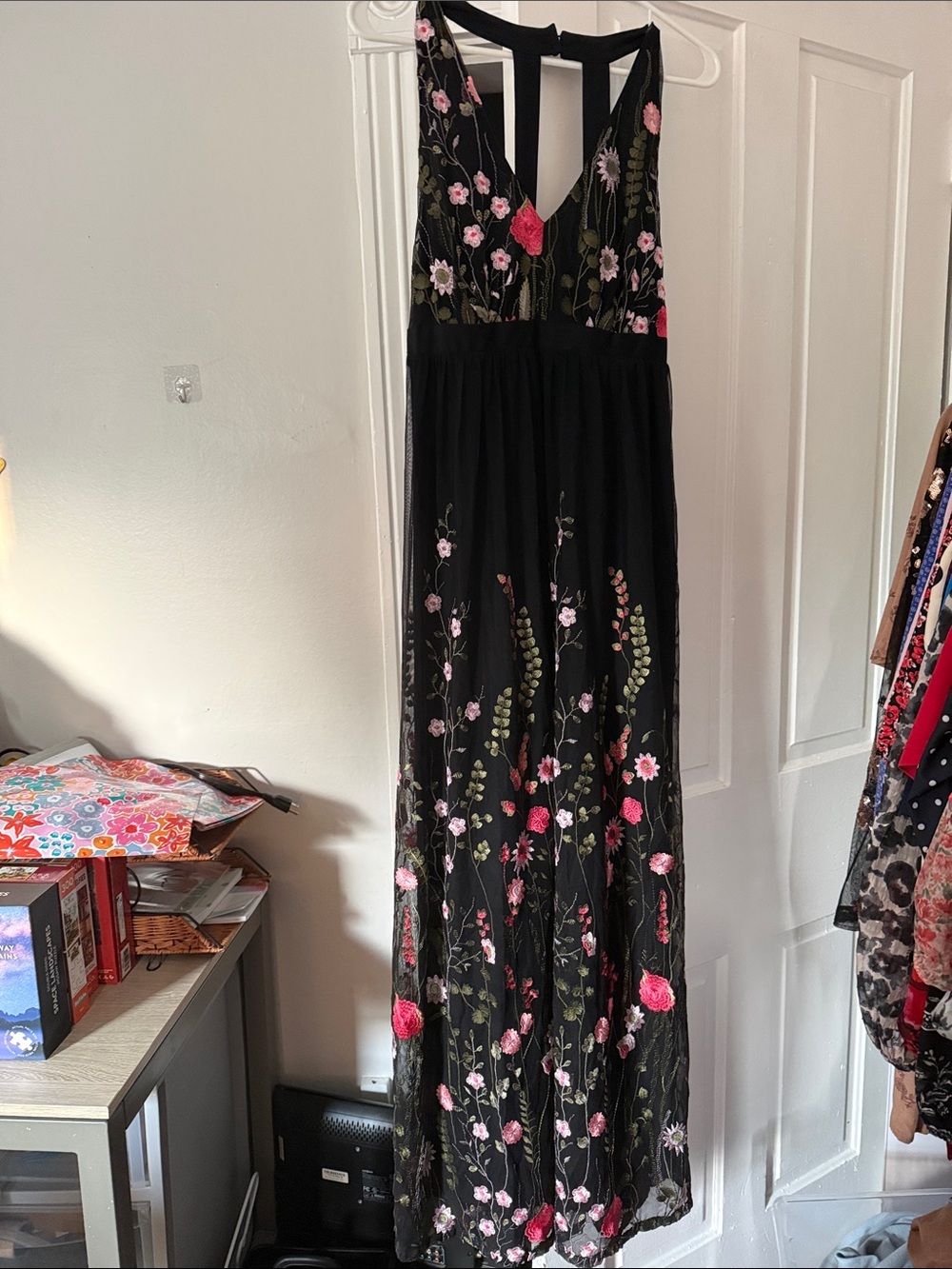 INC International Concepts Black Maxi Dress with Pink & Green Floral Embroidery